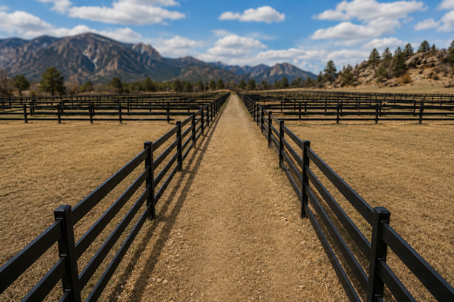 Texture black four-rail Kuptz Steel Fence enclosing pasture land with green hills in the background